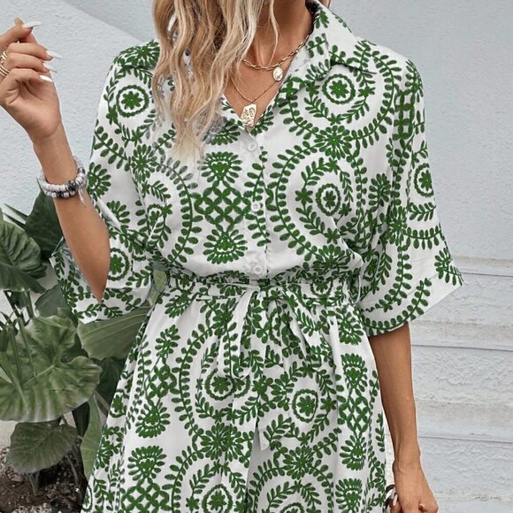 Green Boho Women's Summer Beach Floral Printed Shirt Jumpsuit Shorts - Picture 5 of 5